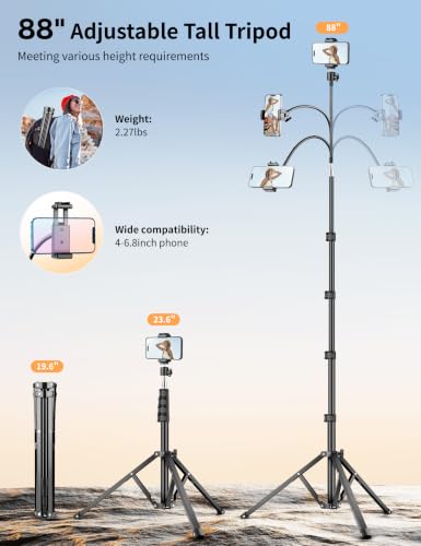 Flexible Tripod for iPhone, 88" Tall Cellphone Tripod with Gooseneck, Phone Holder and Wireless Remote, Camera Phone Stand for Recording Filming, Compatible with iPhone/Android - size: 88 inch