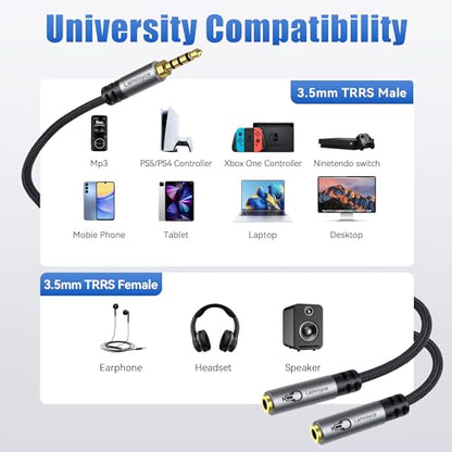 Dual Headphone Splitter with Microphone, 1/8 inch 3.5mm 4-Pole TRRS Male to Dual TRRS Female Audio Mic Y Splitter Cable (1Feet) for Gaming Headsets, Online Chat, Sharing Audio on PC,Laptop,Phone-2Pack - color: 3.5mm TRRS 1 Male to 2 Female Splitter, size: