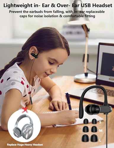 TOPAUX USB Headphone Over-Ear Hook 2.5M 8.2FT Computer Headset Black | Mute Mic USBA Earphone in-Ear Noise Canceling Wired Earbuds for Chromebook/Notebook/Teams for Zoom Office Laptop Desktop PC