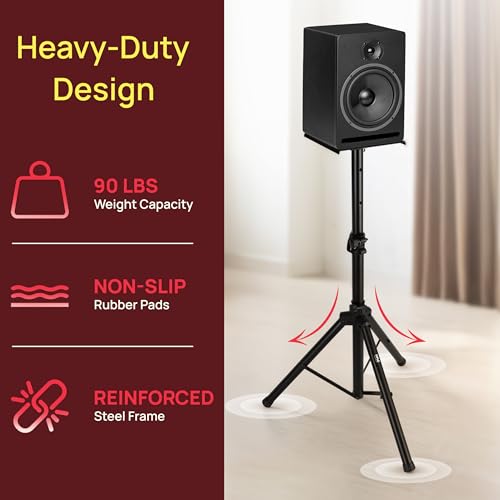 Pyle Adjustable Speaker Stand Pair – Dual Studio Monitor Tripod with Metal Base, Anti-Slip Speaker Pads, Height Adjustment from 34” to 53” – Ideal for Home, Studio, and DJ Use, 90 lbs Weight Capacity