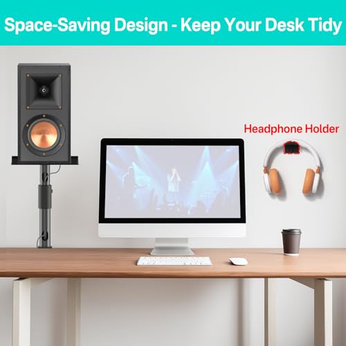 Clamp-on Desktop Speaker Stands Pair for Klipsch Bookshelf Speaker Stand - Height Adjustable Speaker Stand Desk for Klipsch R-50M, R-51M, R-41M, R-15PM and More Speakers Desk Stand Wr Cable Management