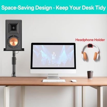 Clamp-on Desktop Speaker Stands Pair for Klipsch Bookshelf Speaker Stand - Height Adjustable Speaker Stand Desk for Klipsch R-50M, R-51M, R-41M, R-15PM and More Speakers Desk Stand Wr Cable Management