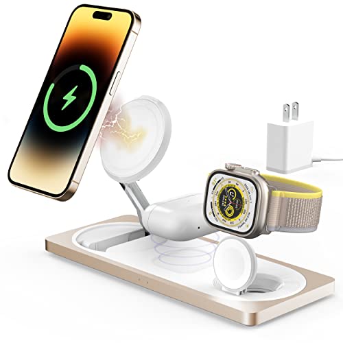 3-in-1 Charging Station for Apple Devices: Used for iPhone and Watch Charging Station with Magsafe Charger Stand, Wireless Charger for iPhone15/14/13/12, Apple Watch 1-9/Ultra, AirPods 3 Pro - color: Light gold