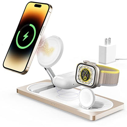 3-in-1 Charging Station for Apple Devices: Used for iPhone and Watch Charging Station with Magsafe Charger Stand, Wireless Charger for iPhone15/14/13/12, Apple Watch 1-9/Ultra, AirPods 3 Pro - color: Light gold