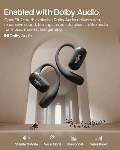 SHOKZ OpenFit 2+ Open-Ear Earbuds, Black, Dolby Audio,Wireless Charging | Soft Ear Hooks； IP55 Water-Resistant; USB-C Fast Charging；48H Playtime; Gym/outdoor/home use - color: Black, style: Dolby Audio / USB-C&Wireless