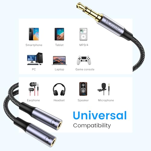 MOSWAG Headphone Splitter 3.5mm Audio Male to Dual Female Y Splitter Cable | Audio Sharing, HiFi Stereo Jack, Aluminum Alloy Shell, 24K Gold-Plated, For Phone Headset iPad, 9.84" Not supporting charging - color: Black