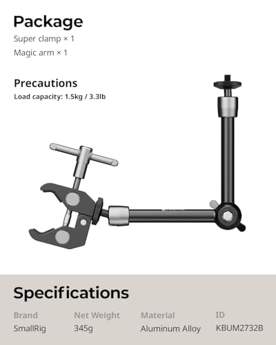 SMALLRIG Clamp w/ 1/4" and 3/8" Thread and 9.8 Inches Adjustable Friction Power Articulating Magic Arm with 1/4" Thread Screw for LCD Monitor/LED Lights - KBUM2732B - size: 9.8''+arm only