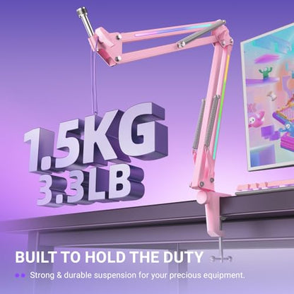 FIFINE AmpliGame BM38P Metal RGB Microphone Boom Arm for Gaming Streaming | Adjustable Suspension Scissor Mic Stand, Desk Mount Clamp, 3/8” to 5/8” Screw Adapter - color: Pink