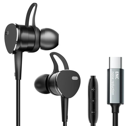 Type C Wired Headphones Deep Bass Earbuds with Noise Cancelling,Magnetic | In-Ear Wired Earphones USB C Headset with Microphone,Stereo Heavy bass ear bud with Sport Ear Hooks,Magnetic Anti-Tangle