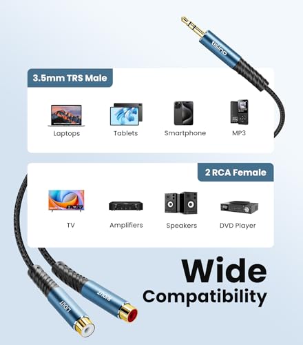 Tisino 2 RCA to 3.5mm Headphone Jack TRS Aux to RCA Audio Cable, 5FT/1.5m | 1/8" Headphone Jack to RCA Stereo Adapter for MP3 Tablet Speaker Amplifier, Gold-Plated Hi-Fi Shielded Y Splitter Cord - size: 5 ft
