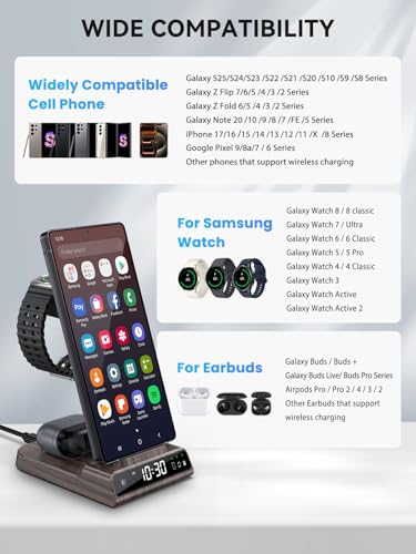 Wireless Charger for Samsung S25 with Clock 3 in 1 Android Charging Station | Charging Station for Galaxy S25 Ultra,Z Flip 7,Fold,Galaxy Bud,Watch Charger for Galaxy Watch 8,7,6,5Pro, Nightstand Charger - color: Wood Grain