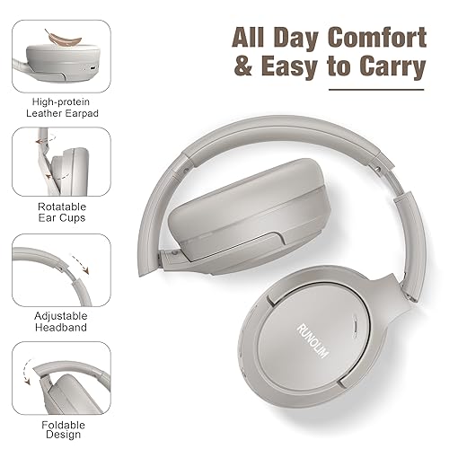 RUNOLIM Hybrid Active Noise Cancelling Headphones, 100H Playtime, Built-in Microphone, Bluetooth Wireless Over Ear Foldable Headphones with HiFi Audio, Home Travel Office - color: Silver