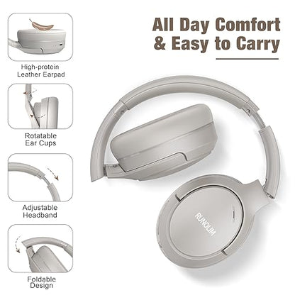 RUNOLIM Hybrid Active Noise Cancelling Headphones, 100H Playtime, Built-in Microphone, Bluetooth Wireless Over Ear Foldable Headphones with HiFi Audio, Home Travel Office - color: Silver