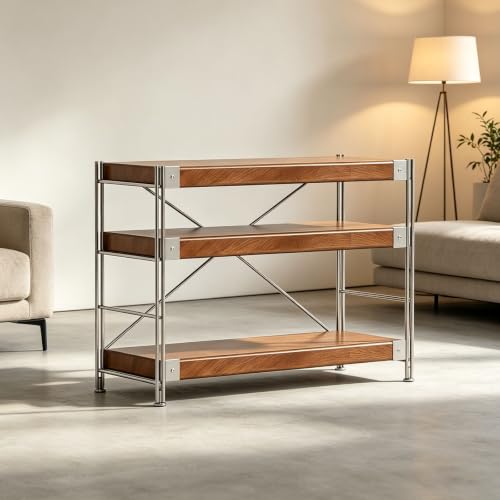 Audio Rack Tower with Adjustable Solid Wood Shelves, Metal Frame Media Rack, AV Media Stand for Stereo Components, Record Player, CD Player, Office, Living Room - size: 60x41x70cm/23.6x16.1x27.5in