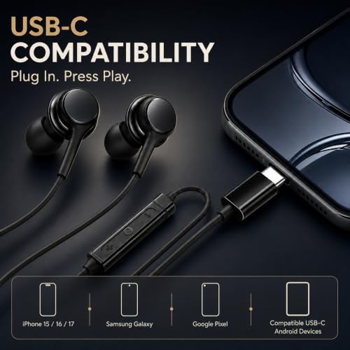 Betron USB-C Wired Earbuds with Microphone | Compatible with iPhone 15/16/17, Samsung Galaxy & Android, Volume Control, Deep Bass, Noise Isolation