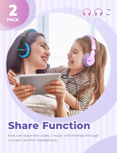 iClever BTH12 Kids Bluetooth Headphones 85H Playtime with LED Lights Travel - color: Pink&Black