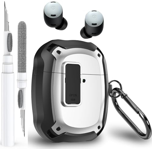 Olytop for Google Pixel Buds Pro 2/ Pro Case Cover with Lock Clip & Cleaner Pen 2024/2022, Shockproof Protective Hard Cover Skin with Carabiner Men Women - Black/White - color: Black/White