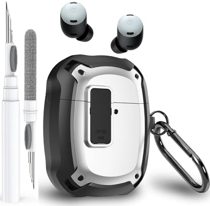 Olytop for Google Pixel Buds Pro 2/ Pro Case Cover with Lock Clip & Cleaner Pen 2024/2022, Shockproof Protective Hard Cover Skin with Carabiner Men Women - Black/White - color: Black/White