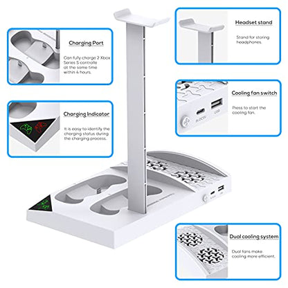 FYOUNG Upgraded Vertical Cooling Fan Stand for Xbox Series S | Cooler Fan System Dual Controller Charging Dock Station with 2 x 1400mAh Rechargeable Battery Pack, Headphone Bracket
