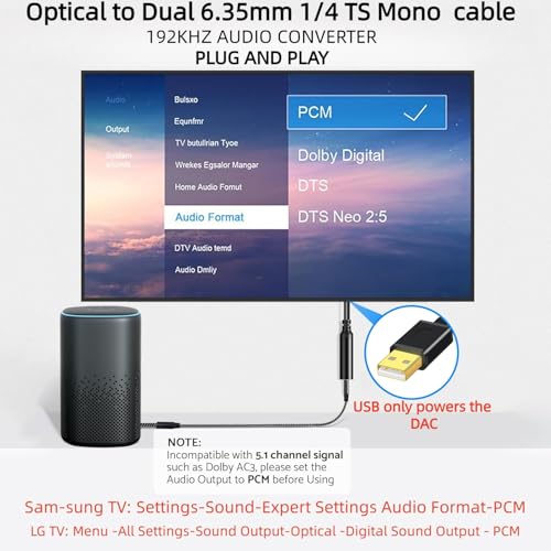192KHz DAC Optical to Dual 6.35mm Converter,Optical Audio Cable to Dual 6.35mm 1/4" TS Mono Audio Adapter,Digital to Analog Audio Converter for HDTV,DVD,Set-top Boxes(O-ptical to 1/4" Only) Cable -6FT - size: 6FT