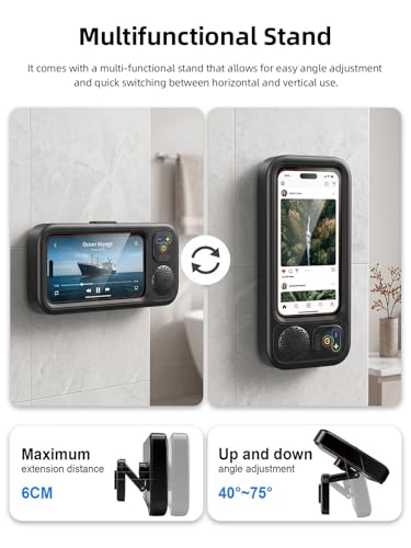 Shower Phone Holder IPX6 Waterproof with Wireless Bluetooth Speaker, 480 Rotation Phone Case Speakers for 4"- 7" Cell Phones, Hands-Free Shower Speaker, Wall Mounted Phoneholder for Mirror (Black) - color: Black