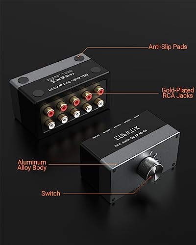 AS-R4 4-Channel RCA Audio Selector, Bidirectional 4-Way Stereo RCA Aux Switcher, 1-Input to 4-Output / 4-Input to 1-Output