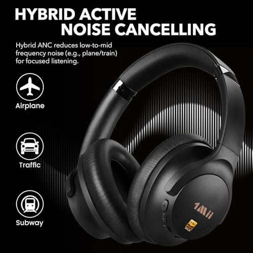 1Mii Y8+ Noise Cancelling Headphones Bluetooth 6.0 Over-Ear Wireless, Black | Hybrid ANC, 100 hrs Playtime, Comfortable, LDAC Hi-Res Audio, Deep Bass, Custom EQ via APP for Airplane & Travel