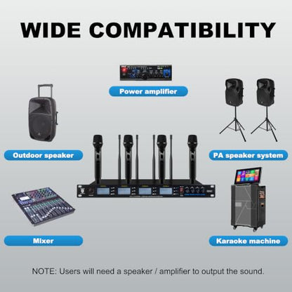 PRORECK UK-4000 UHF 4 Channel Wireless Microphone System with Four Handheld Microphone, 500 Selectable Frequency Range, Perfect for Home Karaoke/smallgatherings (UK-4000)