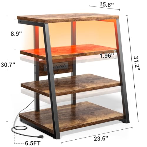 Besiost AV Media Stand with Outlets, Media Console with LED Lights, Stereo Racks and Stands with Storage Shelves, Media Audio Tower Cabinet, Rustic Brown - color: Rustic