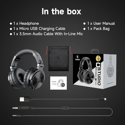 OneOdio Pro C Wired & Wireless Over-Ear Headphones, 110H, 50mm Drivers | Wired 3.5mm and wireless Bluetooth modes with 110H playtime, 50mm drivers and HD mic for PC, podcast and studio work - color: Black