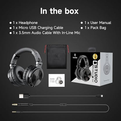 OneOdio Pro C Wired & Wireless Over-Ear Headphones, 110H, 50mm Drivers | Wired 3.5mm and wireless Bluetooth modes with 110H playtime, 50mm drivers and HD mic for PC, podcast and studio work - color: Black
