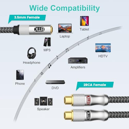 EMK 3.5mm Female to 2RCA Female Jack Stereo Audio Cable RCA to Aux Cable Gold Plated RCA Y Splitter for Smartphone,MP3,Tablets,HiFi Stereo System 3Ft/1M - color: 3.5mm Female to 2 RCA Female Silver, size: 3 Ft/1M, style: 3.5mm to 2RCA
