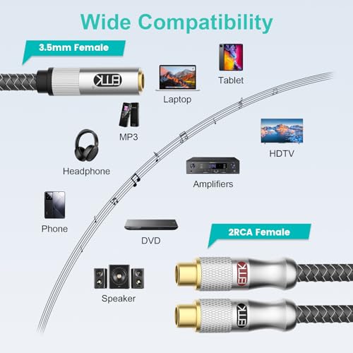 EMK 3.5mm Female to 2RCA Female Jack Stereo Audio Cable RCA to Aux Cable Gold Plated RCA Y Splitter for Smartphone,MP3,Tablets,HiFi Stereo System 1Ft/0.3M - color: 3.5mm Female to 2 RCA Female Silver, size: 1 Ft/0.3M, style: 3.5mm to 2RCA