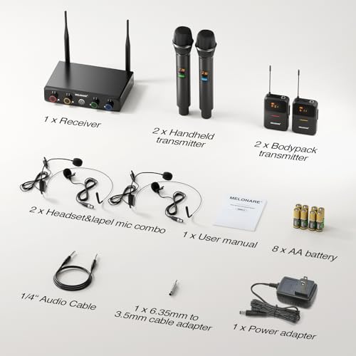 MELONARE 4-Channel UHF Compact Wireless Microphone System MWM-41-2H2B | 2 Handheld Mics, 2 Bodypacks, Headset/Lapel Mics, 4 x 10 Frequencies, 200 ft Range, Karaoke, Church - size: 2 Handheld 2 Bodypack Mics