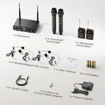 MELONARE 4-Channel UHF Compact Wireless Microphone System MWM-41-2H2B | 2 Handheld Mics, 2 Bodypacks, Headset/Lapel Mics, 4 x 10 Frequencies, 200 ft Range, Karaoke, Church - size: 2 Handheld 2 Bodypack Mics