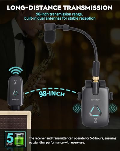 UHF Rechargeable Wireless Instrument Microphone System with Clip-on Transmitter & Receiver, 99ft Range, Reverb OTG Recording, for Trumpet, Trombone, Saxophone & Brass Instruments