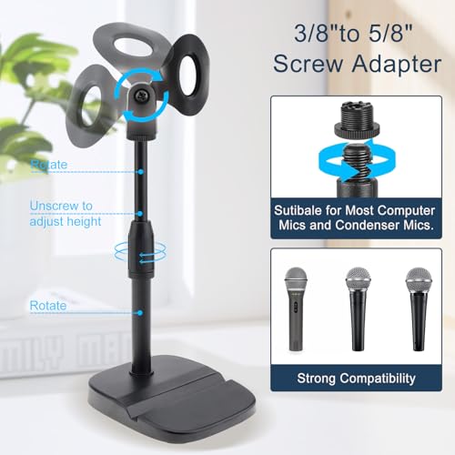 RTNLIT Desktop Mic Stand with Phone Holder, 5/8" to 3/8" Screw Adapter | Adjustable Desk Microphone Stand with Mic Clip, Max 1.7 inch Diameter Microphone, Weighted Base, Height 9.8" to 13.4