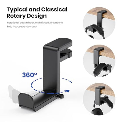 EURPMASK Rotating Headphone Stand,Adjustable Clamp-on Headset Holder Hanger | 360 Degree Swivel,Headset Hook Under Desk,No Residue,Cable Organizer,Soft Rubber Pads,Keep Headphones Secure&Desk Tidy,Black - color: Black
