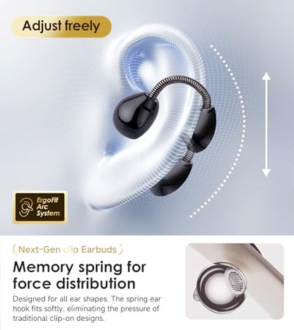 King Lucky Open-Ear Clip-On Earbuds for Running, Bluetooth 6.0 Wireless Headphones with Memory Spring, Secure Fit for Small Ears & Glasses Wearers, 45H Playtime, ENC Mic, IPX5 Waterproof (Black) - color: Black