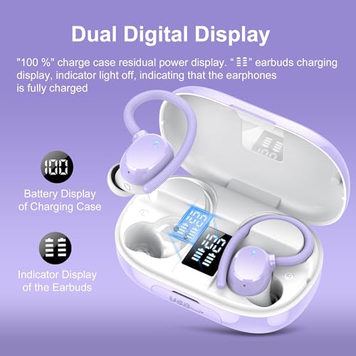sprtoybat Wireless Bluetooth Earbuds Sport 128H Playtime New Bluetooth 5.3 Headphones with LED Display Powerful Bass Over Ear Earphones with Earhooks IP7 Waterproof for iOS Android - color: Highlight Purple