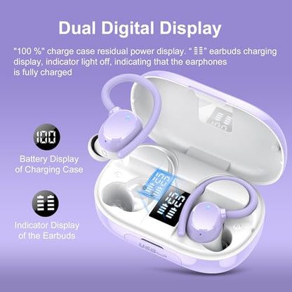 sprtoybat Wireless Bluetooth Earbuds Sport 128H Playtime New Bluetooth 5.3 Headphones with LED Display Powerful Bass Over Ear Earphones with Earhooks IP7 Waterproof for iOS Android - color: Highlight Purple