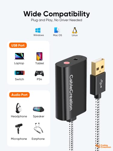 CableCreation USB Audio Adapter External Sound Card with 3.5mm Headphone and Microphone Jack Compatible with Windows, Mac, macOS, Linux, PS4, PS5, Plug and Play, Aluminum Black (Pack of 2) - color: Black USB 2.0, size: 2-Pack