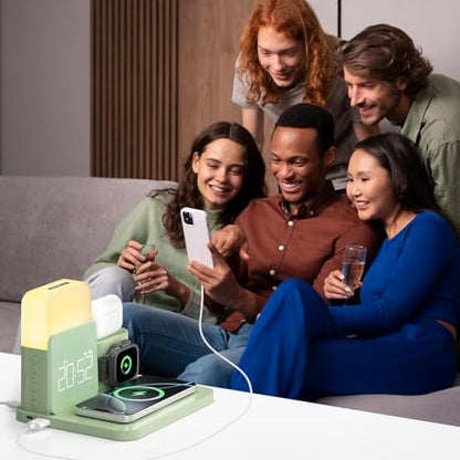 7 in 1 Charging Station for iPhone, Wireless Charging Station, Alarm Clock, Night Light, Wireless Charger for iPhone 17 16 15 14 13 12 Pro Max & Apple Watch - Charging Stand Dock for AirPods(Green) - color: Green