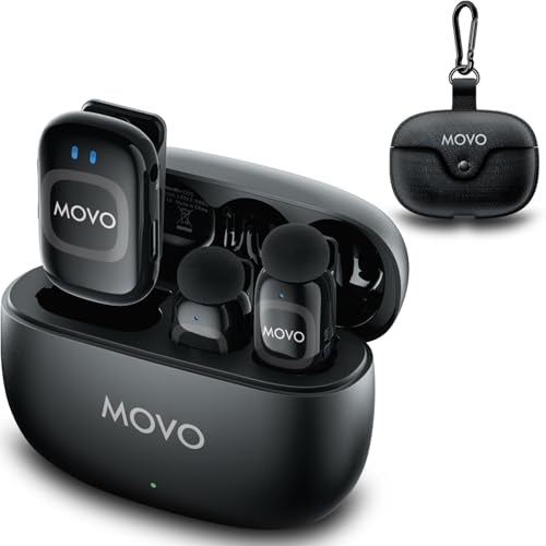 Movo NanoMic 카메라용 무선 라발리에 마이크 - DSLR, 캠코더 및 미러리스 카메라용 클립온 TRS 무선 마이크 시스템 - 비디오, 인터뷰용 충전 케이스가 있는 듀얼 마이크