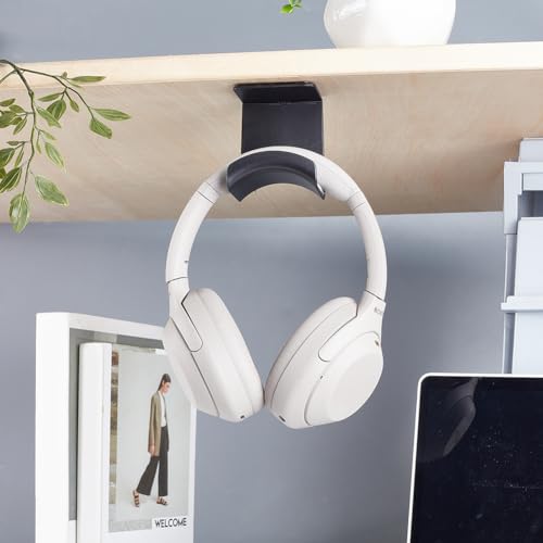 AHANDMAKER 2 Pack Headphone Stand for Desk Headphone Holder with Adhesive Gaming Headphones Hanger Under Desk Shelf Mounting Hooks for Bedroom Gaming Setup Organization, Black - color: Black