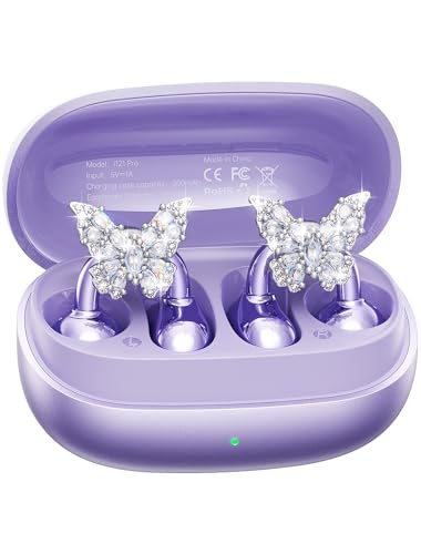 Kinglucky Gen2 Clip-On Earbuds with Butterfly Earrings, Charge & Store Without Removing Earrings, Comfortable Fit & 40H Playtime Bluetooth Open Ear Headphones for Women, Small Ears, Gifts (Purple) - color: Purple