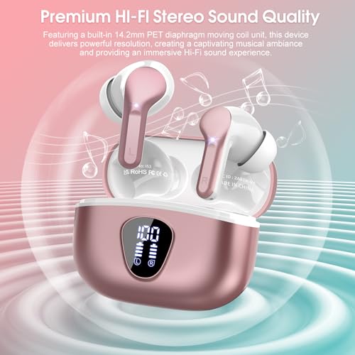 Wireless Earbuds, Bluetooth 5.4 Headphones HiFi Stereo, Bluetooth Earbuds | With ENC Noise Cancelling Mic, IP7 Waterproof in Ear Earphones, 48H, LED Display Ear buds for Pad Phones Workout, Rose Gold - color: Rose Gold