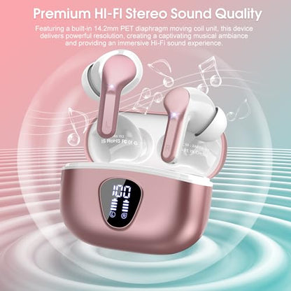 Wireless Earbuds, Bluetooth 5.4 Headphones HiFi Stereo, Bluetooth Earbuds | With ENC Noise Cancelling Mic, IP7 Waterproof in Ear Earphones, 48H, LED Display Ear buds for Pad Phones Workout, Rose Gold - color: Rose Gold