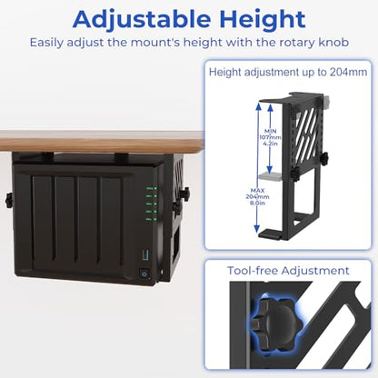 Metal Under Desk Mount for NAS Adjustable Mounting Bracket for Desktop NAS 1/2/4 Bay Network Attached Storage Under Desk Holder for NAS/Small PC/SFF Desktop Tower/CPU/UPS and More with Cable Ties