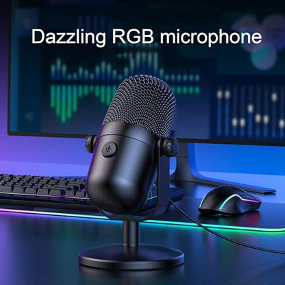 USB Condenser Studio Microphone, RGB Plug Play PC Gaming Mic with Quick Mute Buttons, Noise Cancelling for Streaming Podcast Recording Video Call Zoom Skype